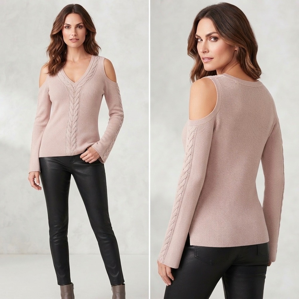 White House Black Market Metallic Pink Cold Shoulder‎ Cable Knit Sweater Medium